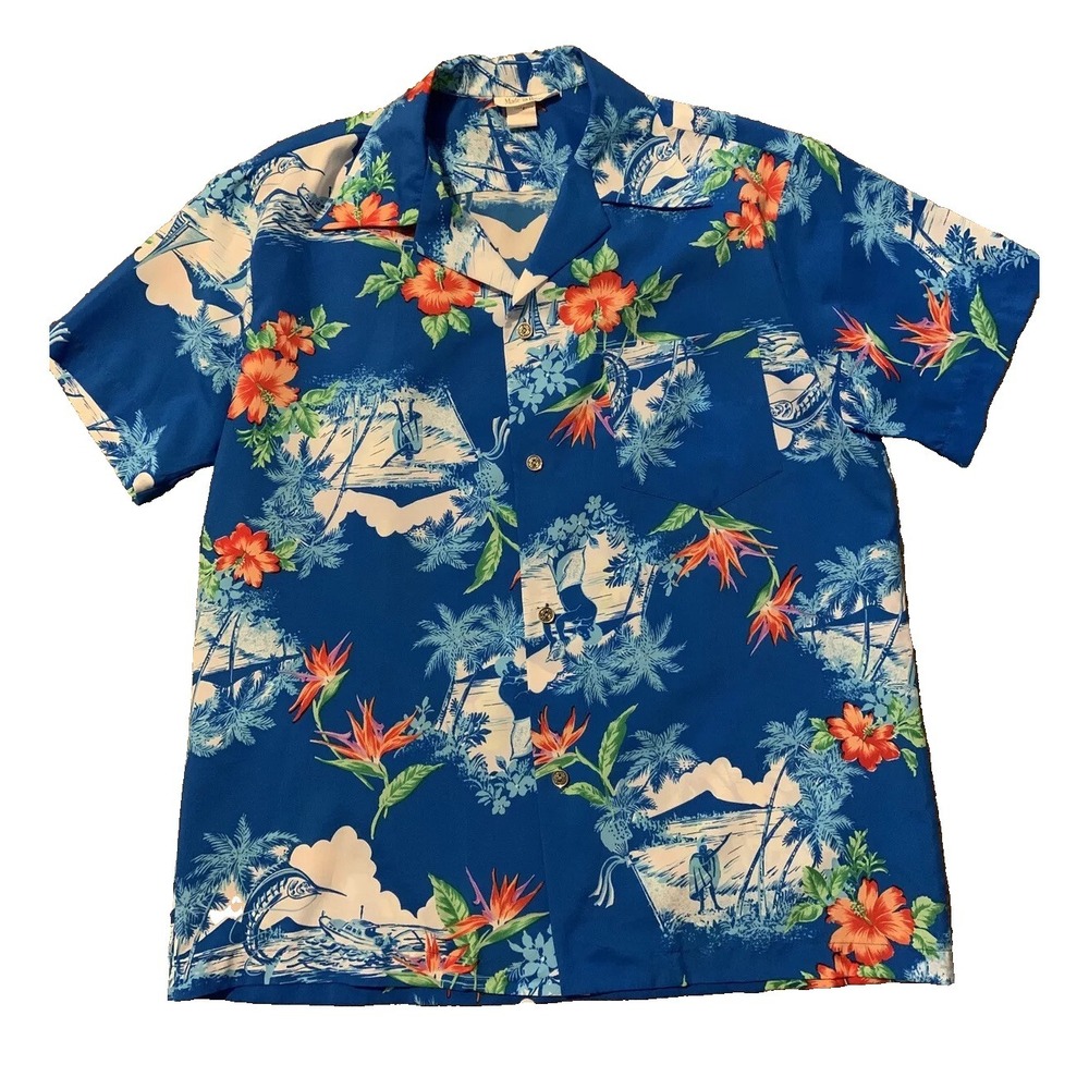 Made In Hawaii Vintage Blue Floral Hawaiian Button Up Shirt Style 220 Mens L